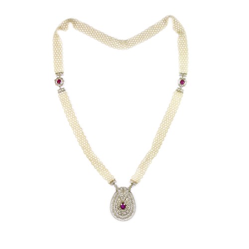 Edwardian Burma ruby, diamond and seed pearl pendant sautoir necklace, c.1905,